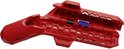 Rood ontmantelingsgereedschap met blauw element en honingraatstructuur, open.