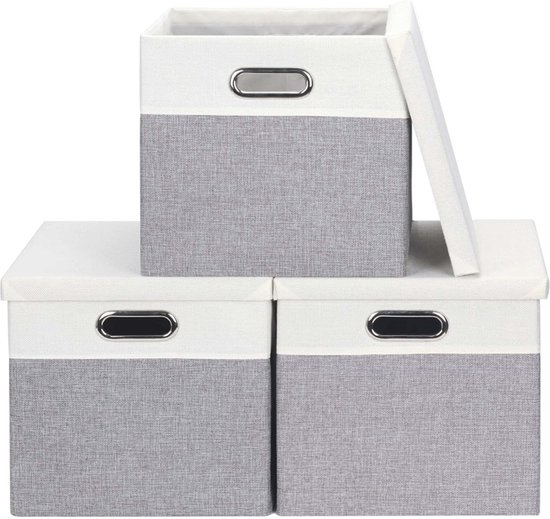 OUTBROS Opbergdozen met deksels, opbergmanden voor planken, opvouwbare kubusorganisator, opvouwbare stoffen bakken voor thuiskantoor, 45 x 30 x 30 cm, wit, 3 stuks