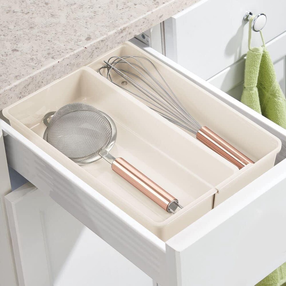Bestekbak met twee vakken - verstelbare kunststof keukenla organizer - compacte lade inrichting - set van 2 - crème - keukenorganisatie - opbergbakje