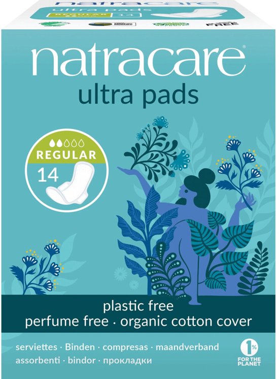Verpakking Natracare ultra pads, regular, 14 stuks, met biologisch katoenen toplaag, plasticvrij en parfumvrij.
