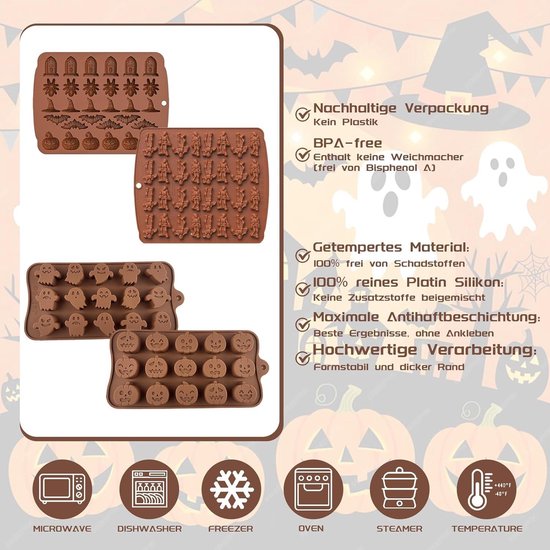 Kit De 3 Moules En Silicone Halloween – Formes Fantômes, Citrouilles, Têtes De Mort – Avec Compte-Gouttes Pour Chocolat Ou Gelée