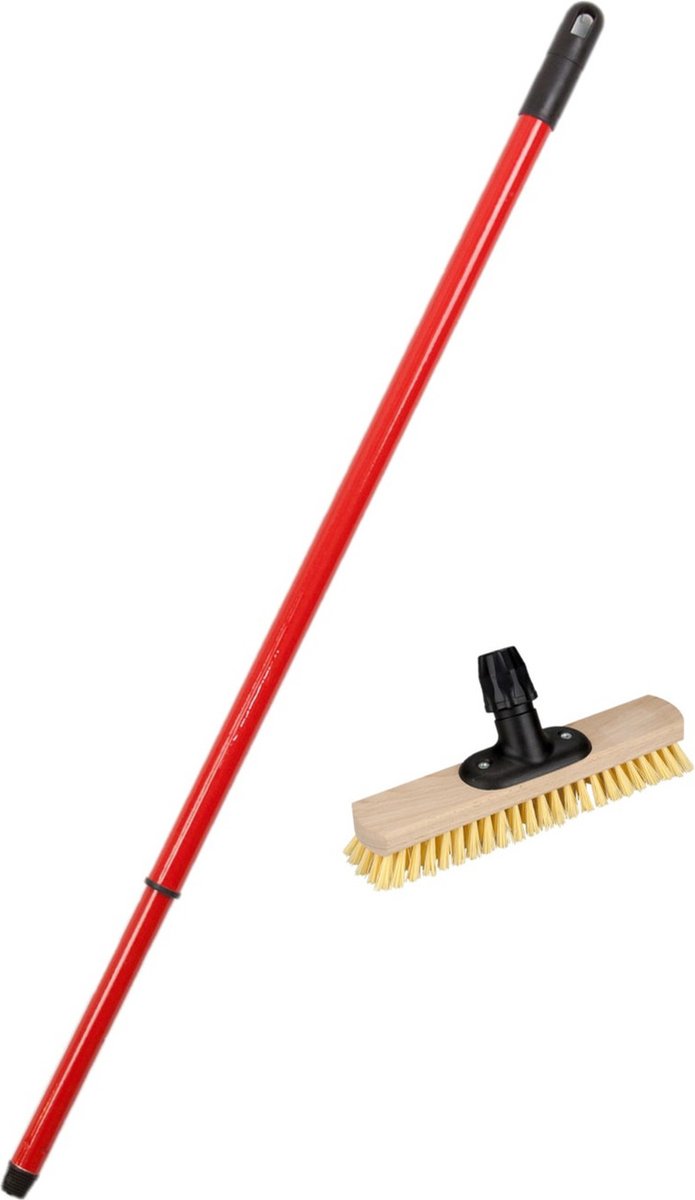 Goedkoopste Houten schrobborstel/schrobber inclusief metalen telescoopsteel rood 130 cm