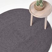 HOMESCAPES Zwart en goudkleurig tapijt, 100% katoen, rond, mandala-tapijt, 145 cm breed met kwastjes, handgeweven Boheems chic bedrukt vloerkleed voor woonkamer en slaapkamer