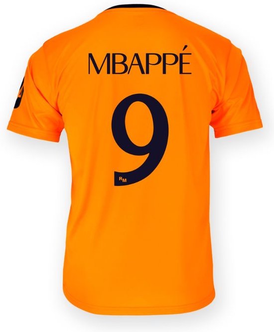 Oranje voetbalshirt met op de achterkant 'MBAPPÉ' en het nummer 9 in het donkerblauw.