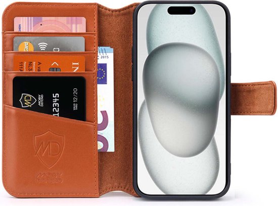 Coque pour iPhone 15 - Bookcase portefeuille de Luxe MobyDefend - Marron clair - Étui pour téléphone portable - Étui de téléphone adapté pour iPhone 15