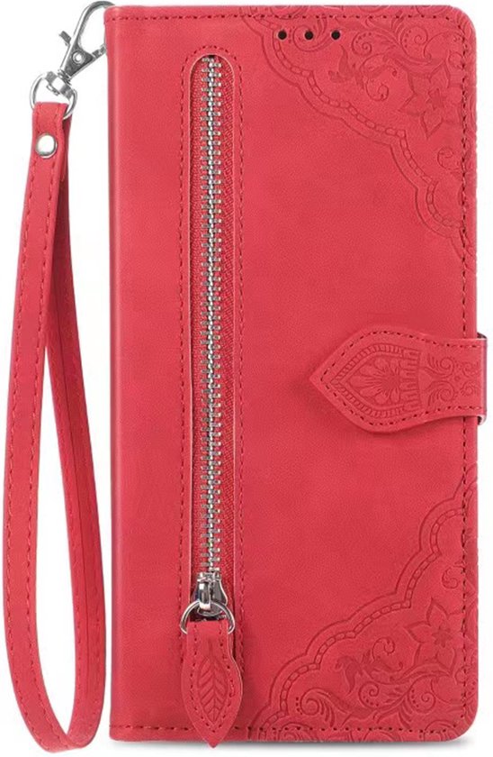 Coque adaptée pour iPhone 16 - Bookcase - Cordon - Porte-cartes - Portefeuille - Motif fleurs - Simili cuir - Rouge