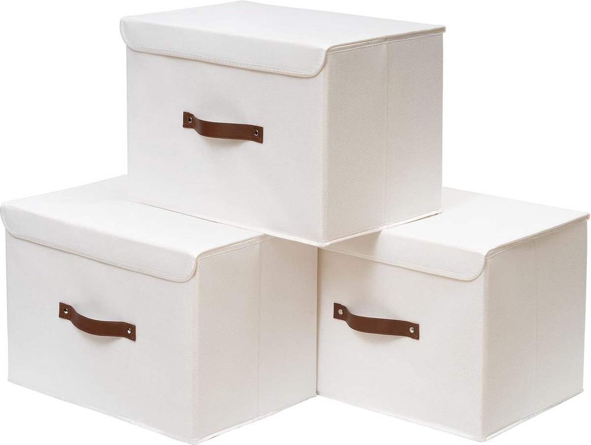Opvouwbare linnen opbergdoos met deksel - 38 x 25 x 25 cm - wit - 3 stuks