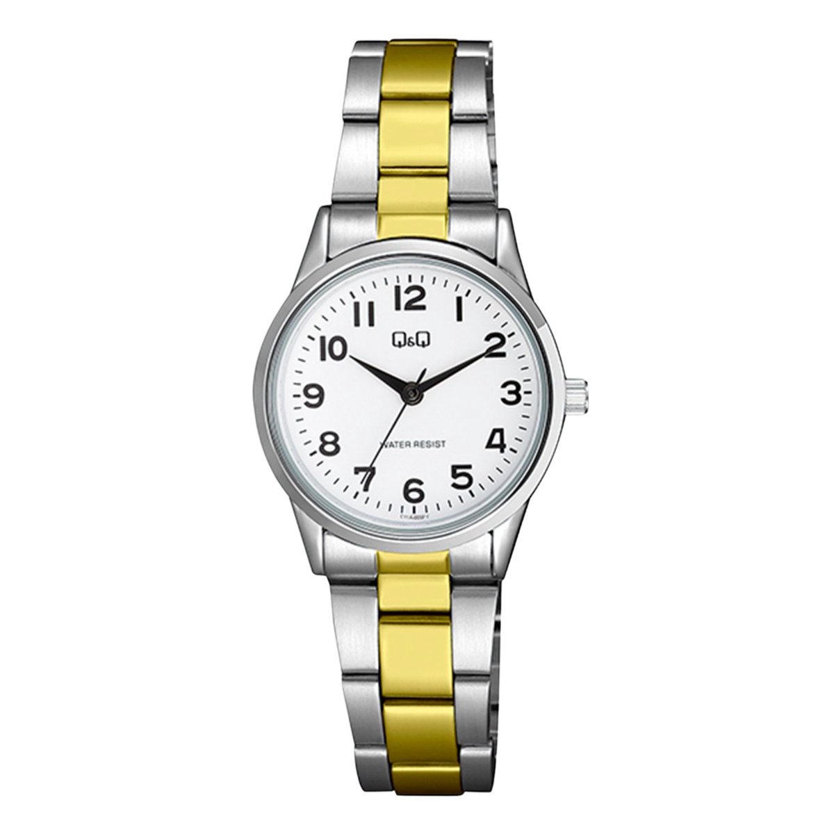 QQ C11A-005PY - Horloge - Analoog - Dames - Vrouwen - stalen band - Rond - Metaal - Cijfers - Zilverkleurig - Goudkleurig - Wit