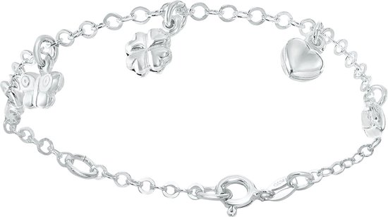 Zilverkleurig armbandje met vlinder-, klavertjevier- en hartbedeltjes en een karabijnsluiting.