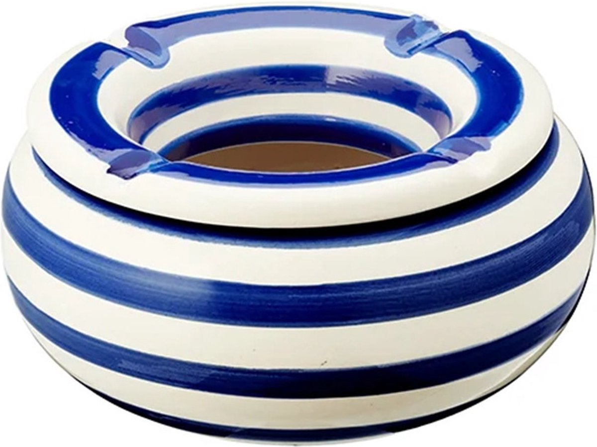 Goedkoopste Storm Asbak Nautica - Kunststeen - D11 x H6 cm - blauw/wit - voor binnen/balkon