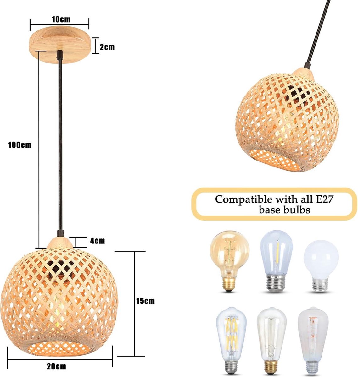 Vintage Geweven Kroonluchter Natuurlijke Bamboe En Rotan Geweven Plafondlamp Creatieve E27 Hanglamp Restaurant Theesalon Slaapkamer Woonkamer Cafe Bamboe Hanglampen,60cm