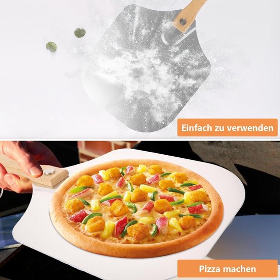 Pizzaschep met een pizza met kip en ananas, boven een beeld van stuifmeel op een schep.
