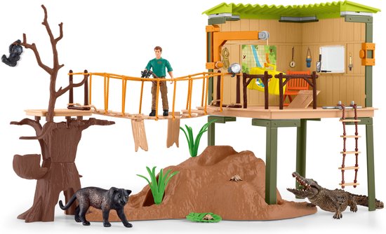 Speelgoed avonturenstation met man, panter, krokodil, aap, hangbrug en jungle hut.