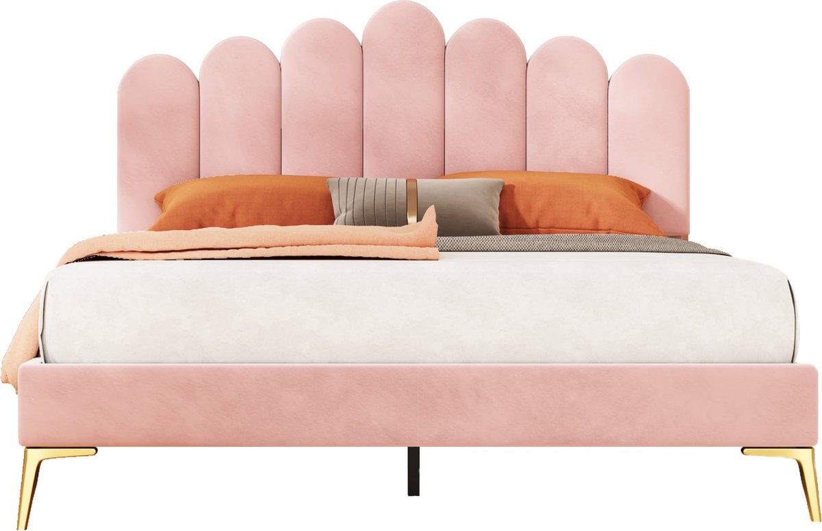 Merax Gestoffeerd Tweepersoonsbed 140x200 cm - Bedframe met Hoofdbord en Lattenbodem - Fluwelen Stof Roze