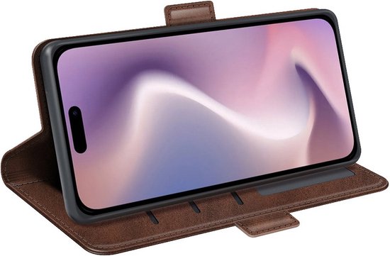 Étui portefeuille en cuir PU pour iPhone 16 Plus -- Fermeture magnétique - Housse de Luxe - Couvrant l'écran - Porte-cartes - Espèces - Espèces - Cartes marron foncé