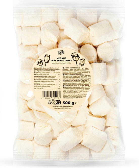 Een doorzichtige zak gevuld met witte, vierkante marshmallows, met etiket van "VEGAN MARSHMALLOWS 500 g".