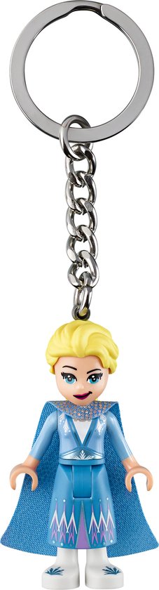 LEGO Elsa minipopje met blauwe cape en glinsterende details, bevestigd aan een sleutelhanger.