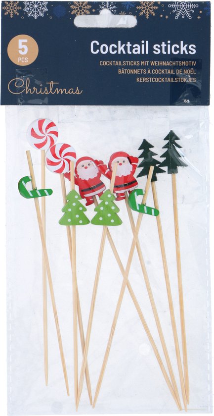 Verpakking met 5 kerst cocktailprikkers met kerstbomen, kerstmannen, lolly's, en kerststokjes.