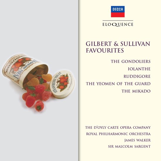 CDhoes met Decca Eloquence logo. Een blikje aardbeien snoepjes valt om met snoepjes eruit. "Gilbert & Sullivan Favourites"