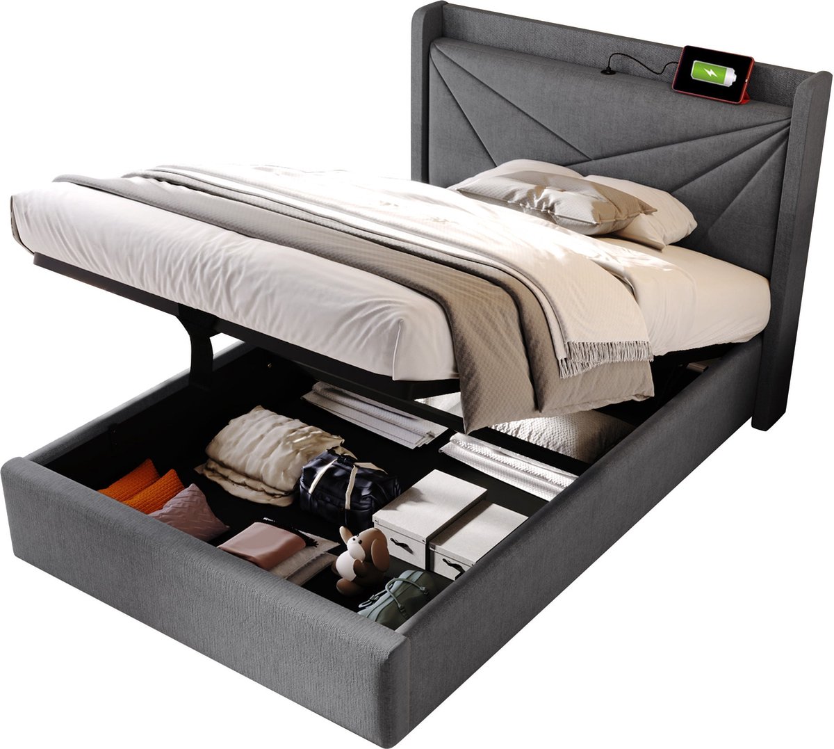 Merax Gestoffeerd Bed 90x200 cm met Opbergruimte en USB Typ-C Oplaadfunctie - Grijs Linnen - Bedframe voor Tienerkamer of Logeerkamer