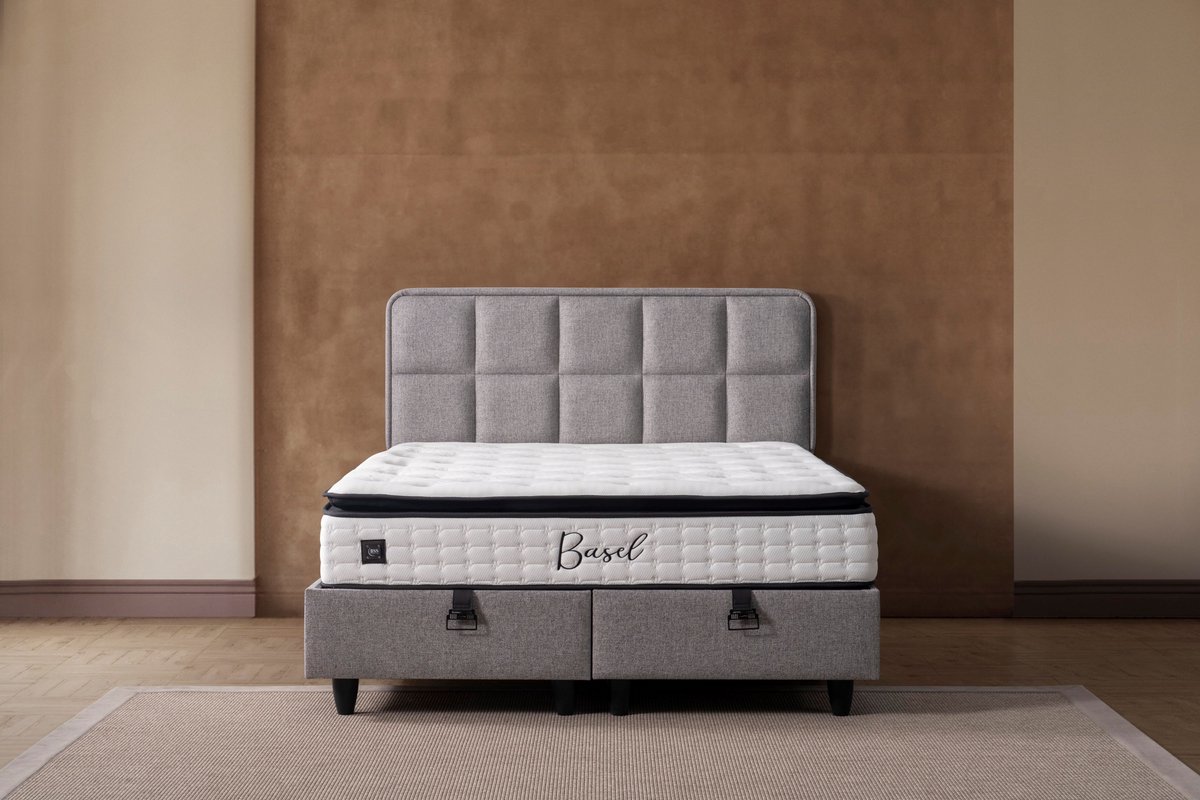 BSS Bedding Future - Bed Boxspring Set - Complete Boxspring - 180x200 - Slaapkamerbed - 1 x Matras met Topper - 2 x Bedbox - 1 x Hoofdbord Grijs