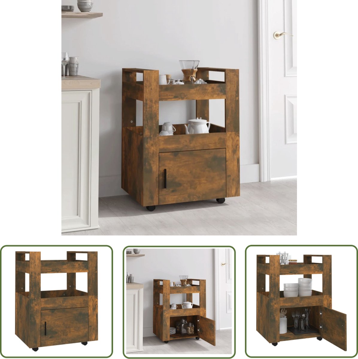 The Living Store Keukentrolley Gerookt Eiken - 60x45x80 cm - Ruime opbergruimte - stabiel en mobiel