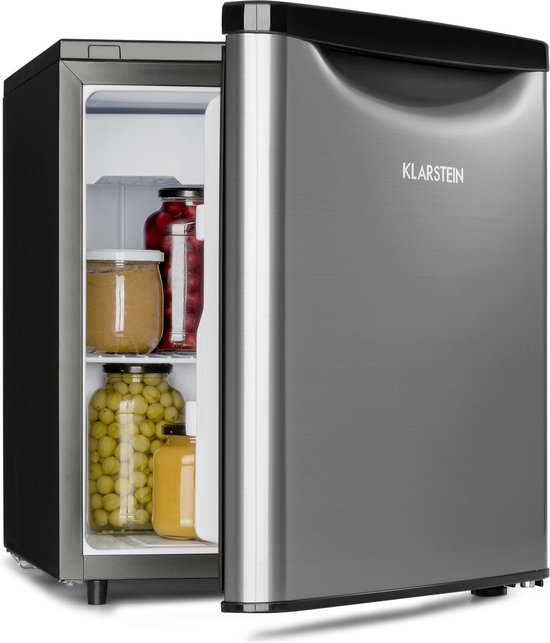 Foto: Klarstein yummy koelkast minikoelkast 45 liter vriesvak 3 liter koelkast 42 liter energielabel e 42db semi automatische ontdooifunctie incl lekbak zilver
