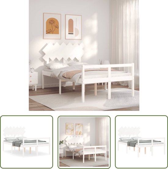 The Living Store Lit Bois de Pin - Wit - 205,5 x 125,5 x 80,5 cm - Sommier à lattes en contreplaqué