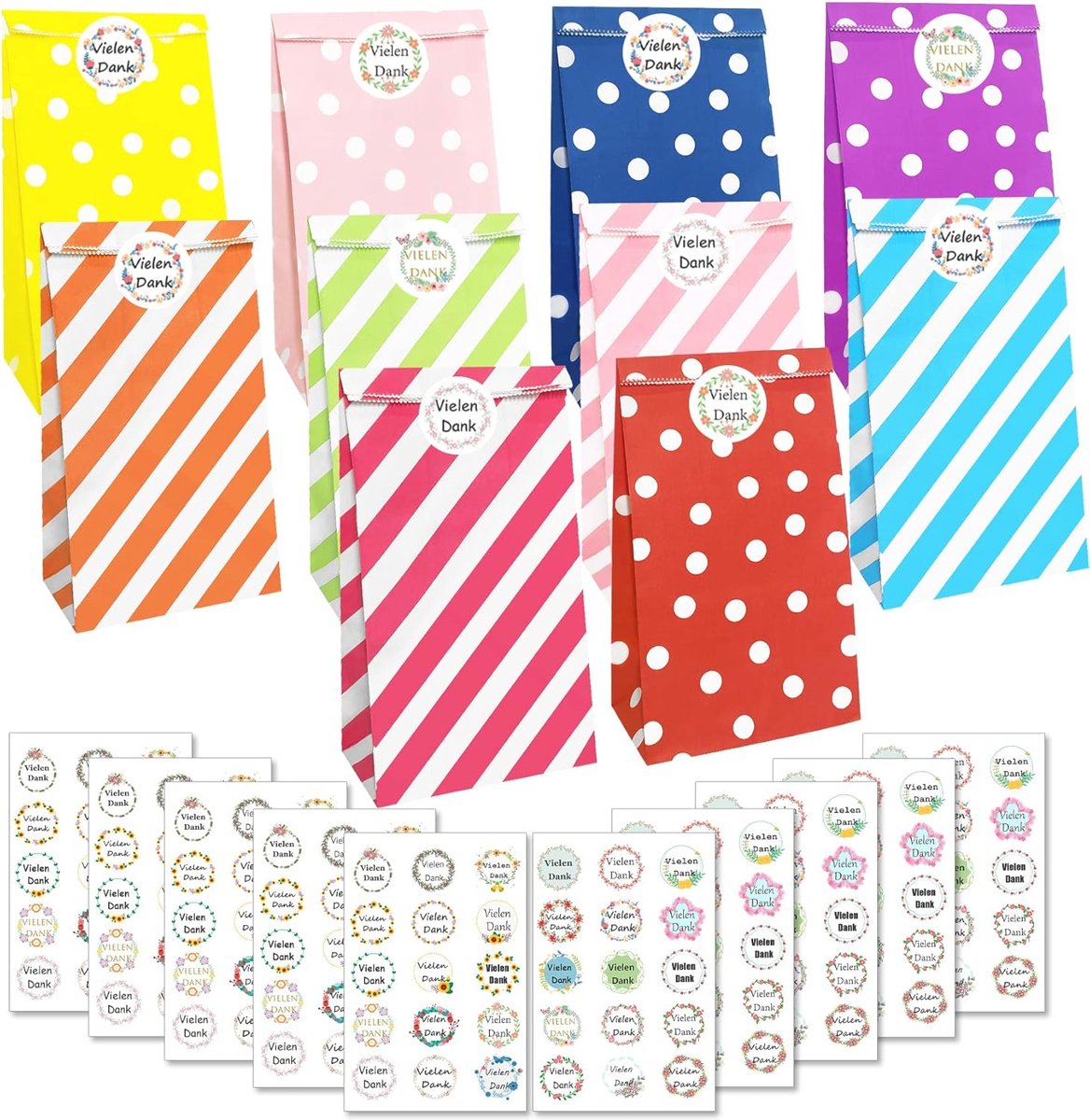 Kleurige papieren zakjes 40 stuks met stickers voor geschenken en snoep