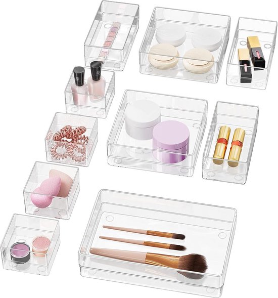 Foto: 10 stuks make up organizer tray lade clear plastic opbergdoos multifunctionele bureaulade organisatoren voor slaapkamer en badkamer