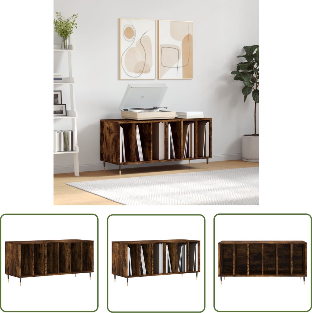 The Living Store Klassieke Platenkast - 100 x 38 x 48 cm - Gerookt Eiken - Duurzaam materiaal