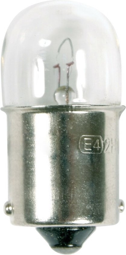 Enkele gloeidraadlamp, 12V 10W BA15s, met een transparante glazen bol en metalen voet