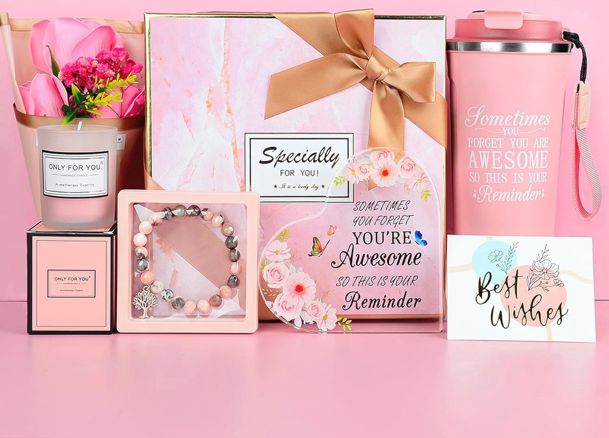 Cadeauset voor Vrouwen - Thermosbeker, Rozengeurkaars en Natuurstenen Armband - Perfect voor Verjaardag, Moederdag, Kerst en Speciale Gelegenheden