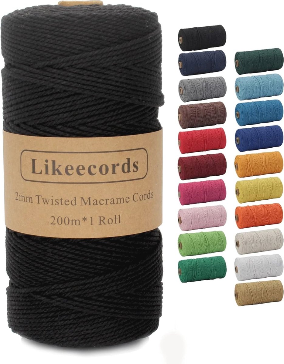 Goedkoopste Macramé Koord 2mm x 201m - Gekleurd Katoenen Touw voor Knutselen en Decoratie