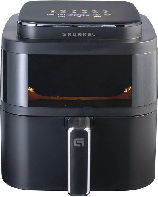 Grunkel - Freidora aire - Air Fryer - 4 Litros y 7 programas. WEF. Panel de control digital Multifunción y ventanal visualización retroiluminada. Temporizador 60 minutos (Negro, 4L