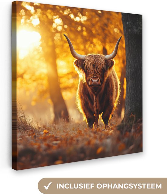 Een bruine Schotse hooglander in een bos met herfstbladeren, met de tekst 'Inclusief ophangsysteem'.