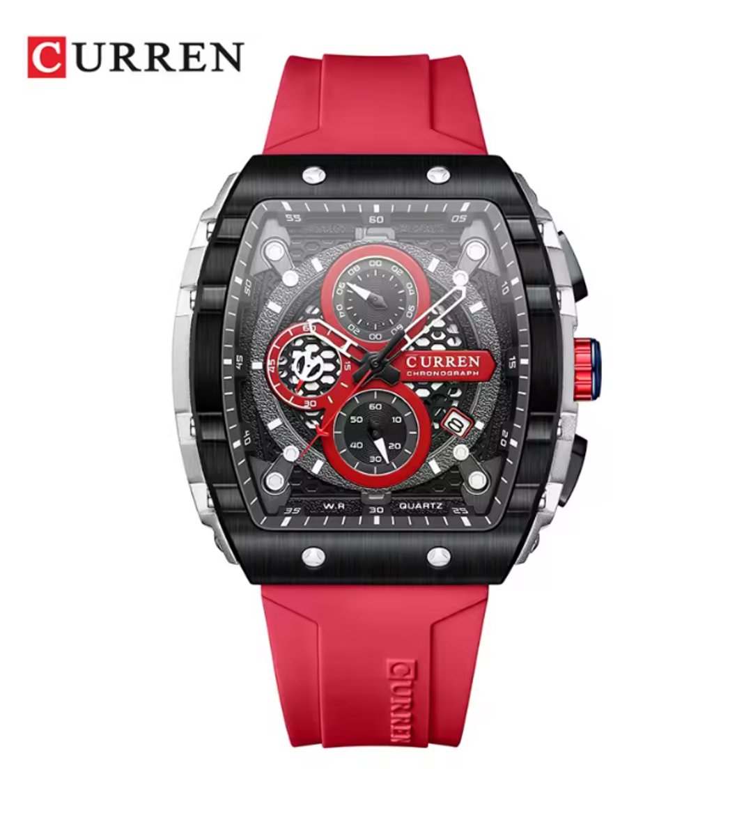 Curren Horloge - Heren - Rode Siliconen Band en Rode Wijzerplaat - Model 8442 - Sportief Herenhorloge - Stoer Cadeau voor Hem