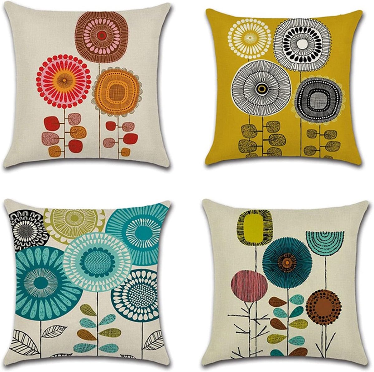 Decoratieve kussenslopen set van 4 - 45x45 cm - Bloemenprint - Linnen