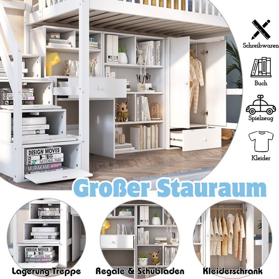 Hoogslaper 90x200 Cm Met Bureau En Open Hangruimte - Wit Grenenhout Kinderbed Met LED Verlichting