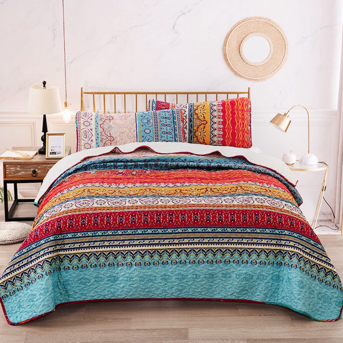 Unyqoos Sfeervolle Boho-Stijl Bedsprei Set van 3 Delen met Kussenslopen voor Tweepersoonsbed Boheems