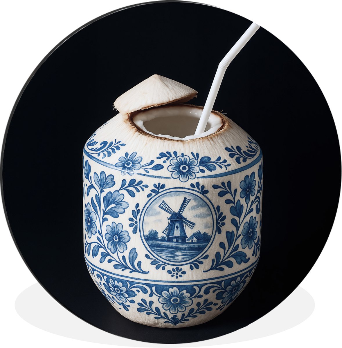 WallCircle Wandcirkel - Muurcirkel - Kokosnoot - Eten - Delfts blauw - Drinken - Aluminium - Dibond - 30x30 cm - Binnen en Buiten