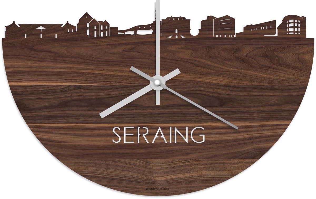 Skyline Klok Seraing Notenhout - Ø 40 cm - Stil uurwerk - Wanddecoratie - Meer steden beschikbaar - Woonkamer idee - Woondecoratie - City Art - Steden kunst - Cadeau voor hem - Cadeau voor haar - Jubileum - Trouwerij - Housewarming - WoodWideCities
