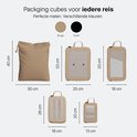 Afmetingen van beige packing cubes en een grote zak. De cubes variëren in grootte van 13x20 cm tot 30x40 cm.