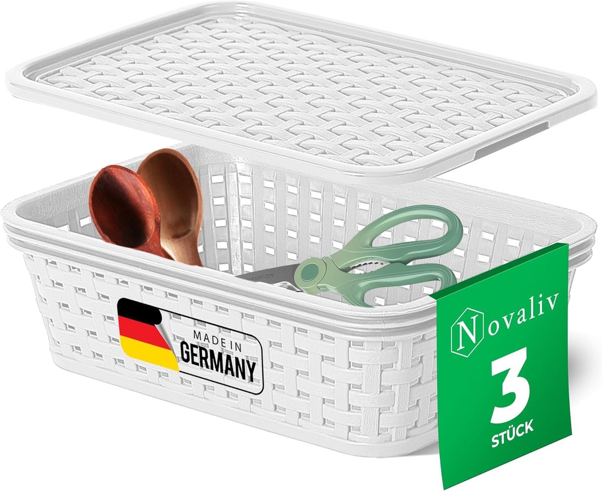 Novaliv Set van 3 opbergdozen met deksels Keuken 1L Wit Plastic Rotan Look Keukenopslag & Organisatie BPA-vrij Kastorganizer Opbergdozen voor theezakjes Snacks Specerijen