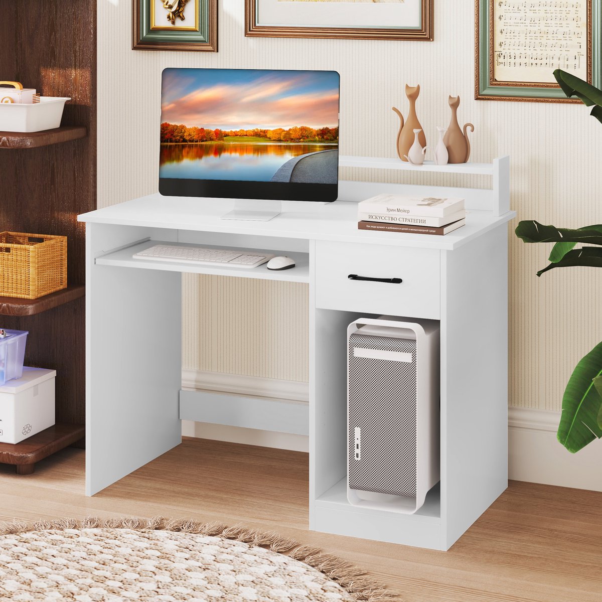 COSTWAY Bureau met laadstation, hoekcomputertafel met toetsenbordplank en 2 planken, metalen frame, werktafel voor thuiskantoor, 80 x 80 x 145 cm (wit