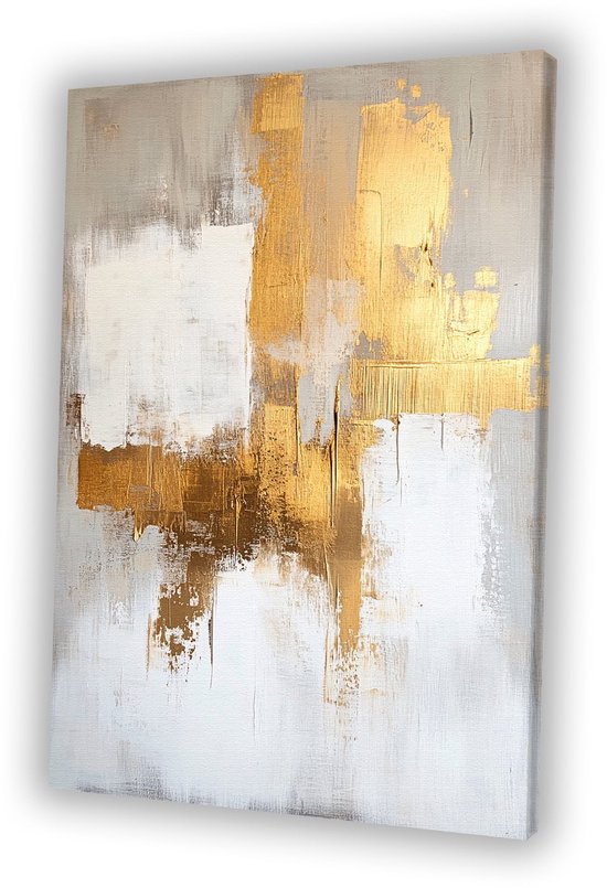 Abstract schilderij met gouden en witte verfstreken op een grijze achtergrond, in perspectief getoond.