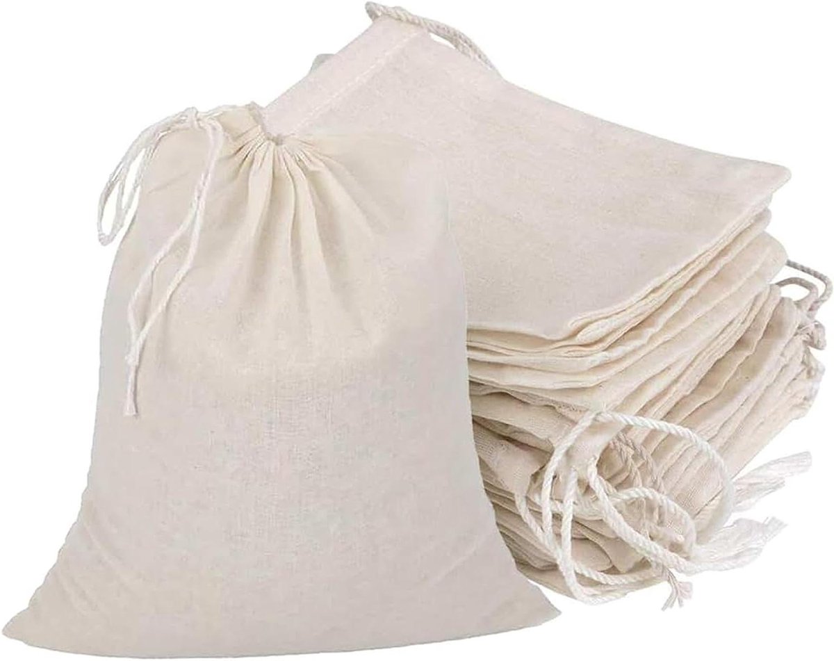 Trankielo - 30 stuks Katoenen Muslin Zakjes met Trekkoord - Herbruikbare Theezakjes voor Kruiden en Specerijen - Keuken Snackzakjes - Thee Koffiefilterzakjes - Knutselzakjes - Zeepnoten Cadeauzakje