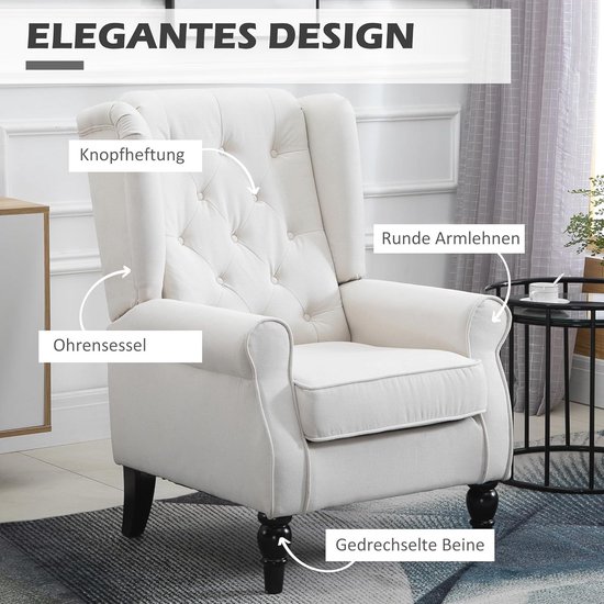 Comfortabele Relaxstoel met Oorfauteuil en Knopen - Crèmekleurig en Stijlvol - 74 x 86 x 102 cm — afbeelding 3