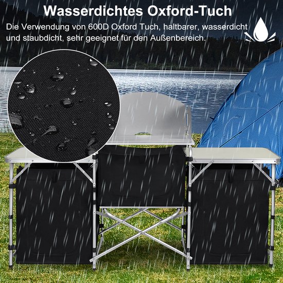 Waterdichte Oxford stof campingkeuken met regen die op de stof valt.