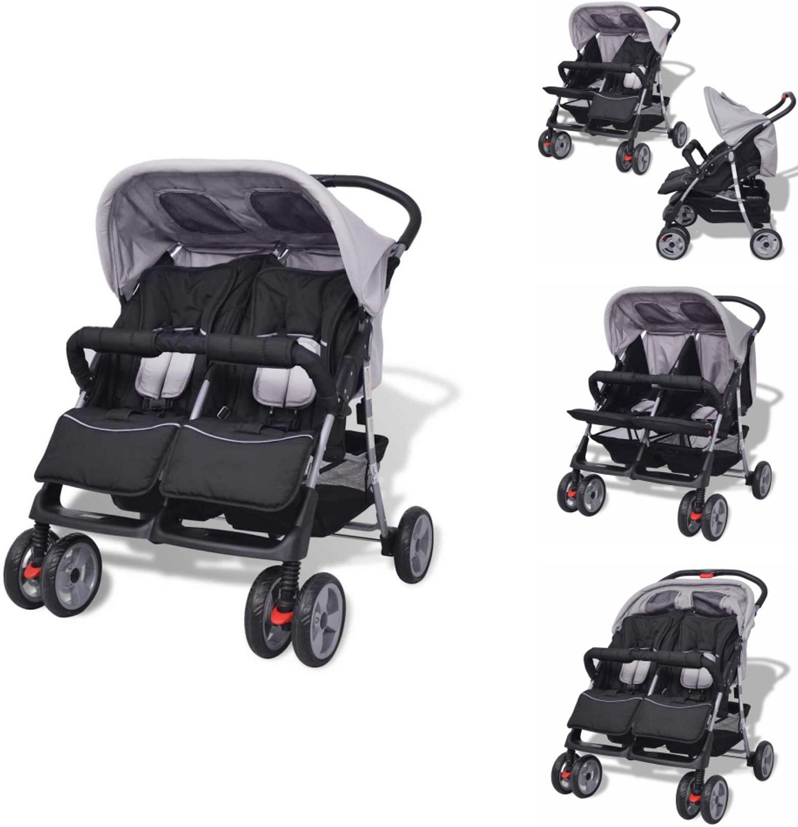 The Living Store Tweelingwagen - Kinderwagen - Grijs/Zwart - 80x96x104 cm - Duurzaam en handig - Verstelbare rugleuning